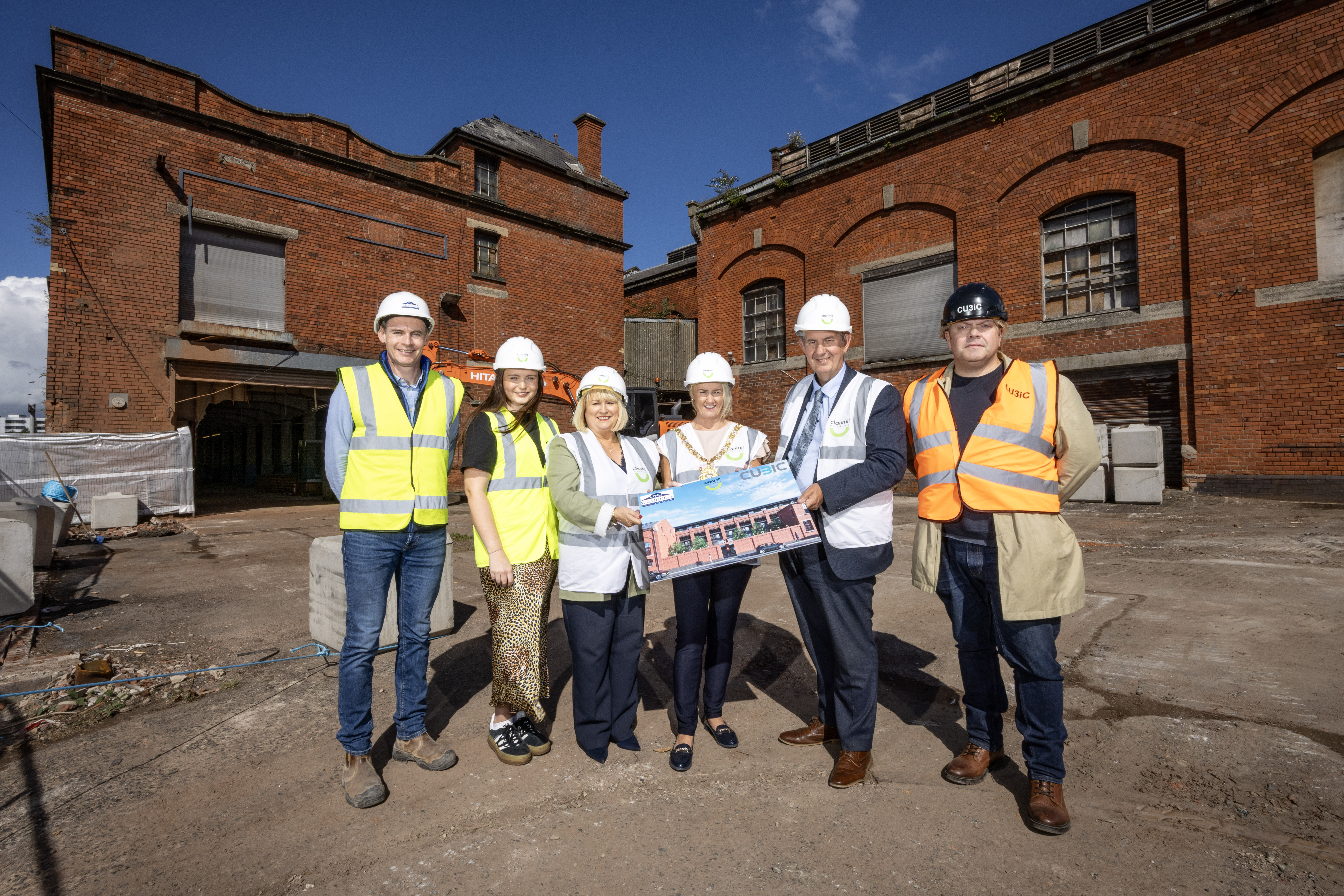 From left to right - Padraig McKaigue and Zara Gregg of Greater Village Regeneration Trust, Carol McTaggart, Clanmil Housing CEO, Lord Mayor Councillor Tracy Kelly, Edwin Poots MLA and Roger Alexander of Cubic3 Ltd.