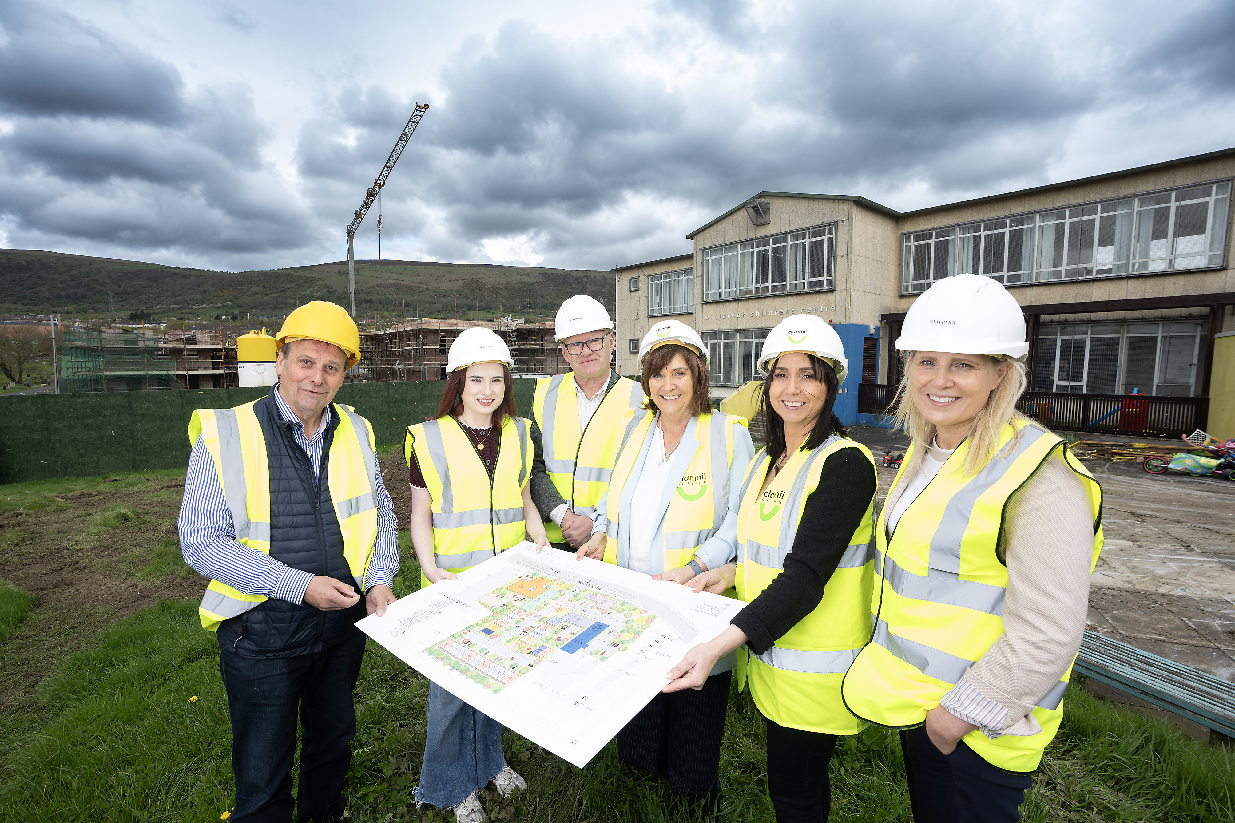 L-R: Basil O’Malley, Newpark Homes; Councillor Róis-Máire Donnelly; Paul Maskey MP; Deirdre Walsh, Whiterock Children’s Centre; Denise Doherty, Clanmil Housing; Kathryn Forde, Newpark Homes