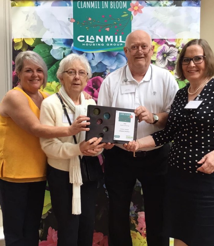 Patricia Woodside, Martha McShane and John Hyland from Cullingtree Meadows with Joy Scott, Chair of Clanmil
