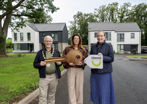 Councillor Henry Cushinan, Mayor of Antrim and Newtownabbey; Mary Jane Meli, resident; Jan Sloan, Clanmil Housing