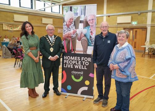 1.	Eliza Martin, Community Investment & Fundraising Manager at Clanmil with Mayor of Mid and East Antrim Borough Council, Councillor Tom Gordon and customers Mr and Mrs McCrudden from Mariners Court, Carrickfergus